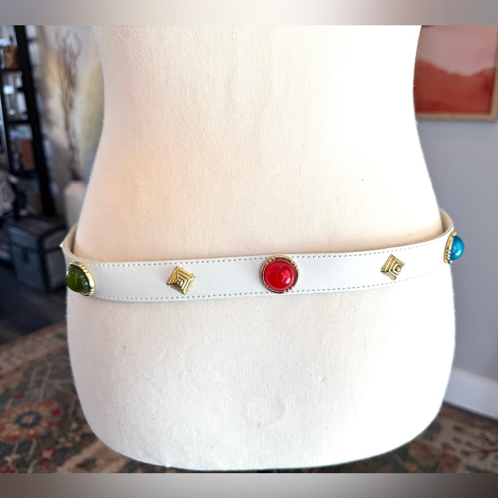 Vintage White Leather Belt with Colorful Accents - Picture 4 of 13